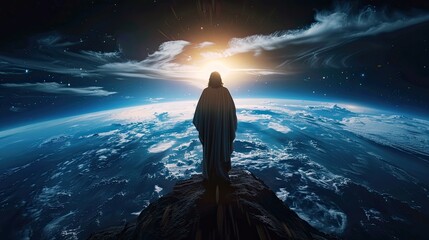 Jesus as the redeemer watching over the earth from space