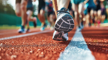 A runners foot in motion, with their sneaker crossing the line on a red track. The focus is on the runners sole, showcasing their effort and determination
