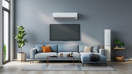 Modern living room interior with air conditioner television set potted plant and sofa