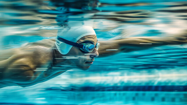 A swimmer glides effortlessly through the water, their focused expression and powerful strokes showcasing their dedication and skill