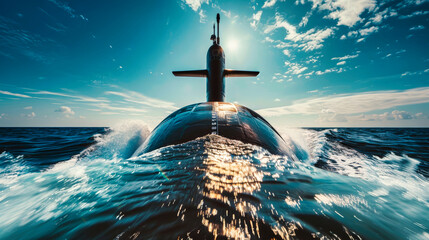 A submarine breaks the surface of the ocean, its silhouette stark against a backdrop of clear blue sky and white clouds. The sun shines brightly, reflecting on the waters surface