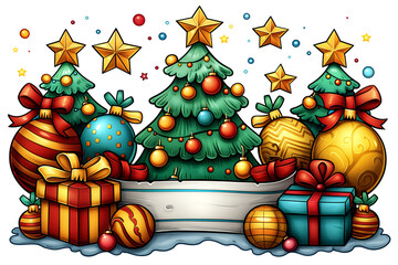 A Christmas tree with many ornaments and a white sign in the middle. The sign says "Happy Christmas"