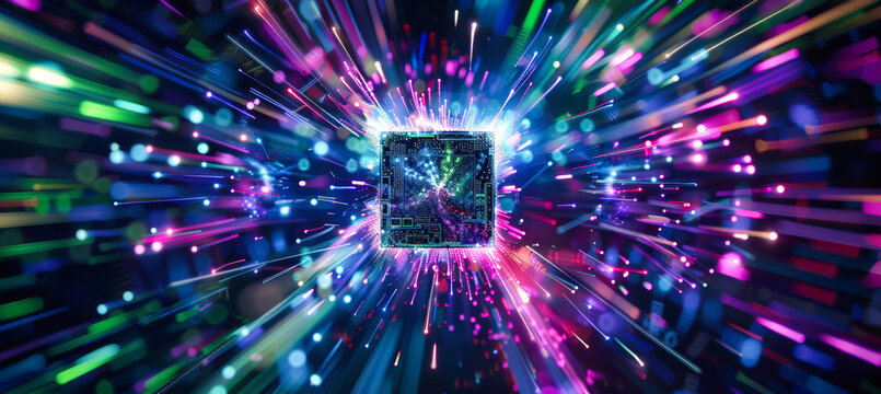 A video card surrounded by an explosion of colorful light, showcasing the power and speed of modern technology