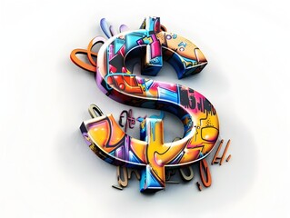 Naklejka premium Vibrant 3D Rendered Euro Symbol as Graffiti Mural on White Background