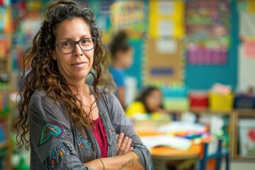 A confident teacher is in a colorful classroom, engaging students in various activities with enthusiasm AIG58