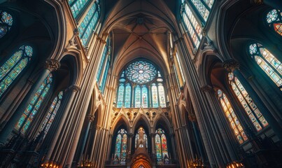 A grand, gothic cathedral with towering spires and intricate stained glass windows