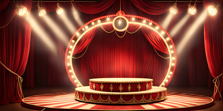  Circus stage podium background 3D carnival light red show curtain. Circus platform stage podium tent theater arena sign vintage spotlight circle stand bulb ringmaster ring cirque cartoon party cinema