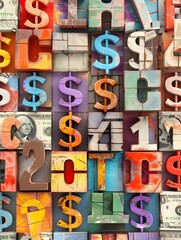 Fototapeta premium Vibrant Currency Mosaic - Collage of Colorful Financial Symbols in 3D Rendering