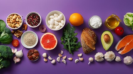 Overhead view of a group of healthy food with high content of iron shot on purple background