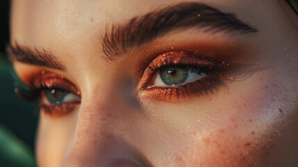 A close-up shot of a womans eye with orange eyeshadow, eyeliner, and mascara. Her green eyes are looking directly at the camera