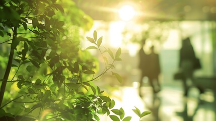 Within a dynamic office environment, a blurred background featuring individuals walking amid verdant green trees and natural light, reflecting a  
