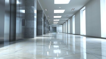 A clean and modern hallway with a shiny floor and a view of an elevator in the distance.