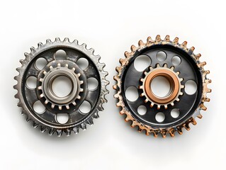 Top view of 2 metal industrial gear isolated on white background.