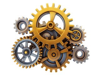 Background composition with golden and silver metal gears isolated on a white background. Abstract technology background.