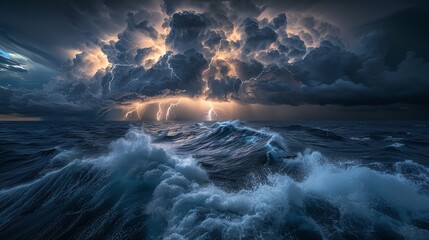 Dramatic stormy seascape with lightning striking over the ocean.