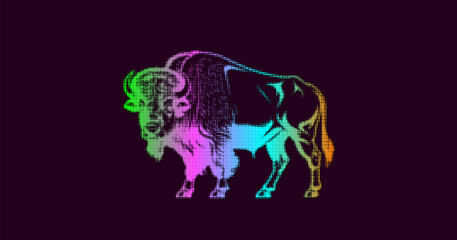 Vector iridescent halftone texture of a powerful buffalo. American wild animal bison. Zoo. Dark isolated background. © GAlexS