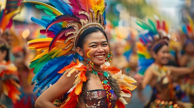 Sinulog festival dancer woman wearing traditional costume in parade