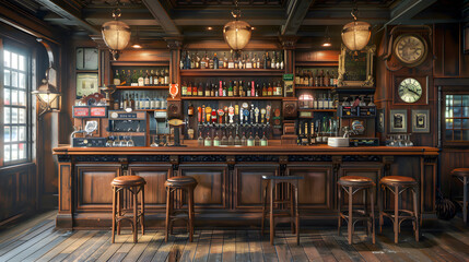 Old bar scene. Traditional or British style bar or pub interior, with wooden paneling