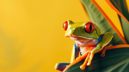 Naklejka premium Red eyed tree frog in a yellow background
