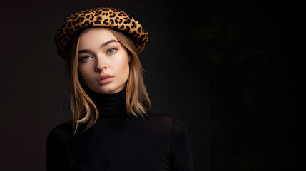 Beautiful young lady in a black turtleneck Refined taste Elegance Leopard print beret : Generative AI