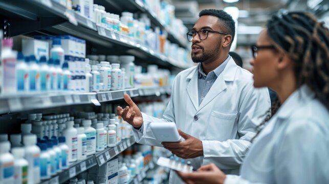 Two people in white lab coats are looking at a shelf of medicine. One of them is holding a tablet