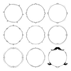 Set Abstract Collection Black Simple Line Round Circle With Leaf Leaves Frame Flowers Doodle Outline Element Vector Design Style Sketch Isolated Illustration For Wedding And Banner