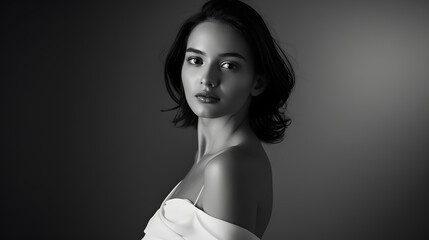 Fototapeta premium Black and white art studio portrait of a beautiful elegant woman in a white dress : Generative AI