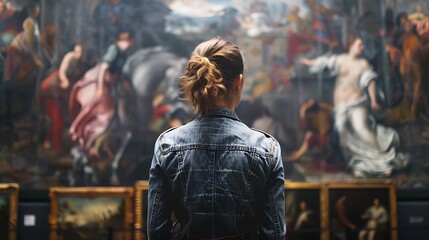 Captured from behind, an adult woman stands in front of historical paintings in an atmospheric old museum art gallery, engrossed in deep thought while admiring the artwork's details and textures.