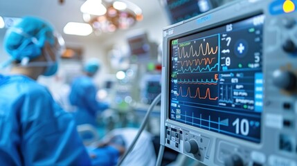 A medical monitor displays a patient's heart rate and other vital signs. The scene takes place in a hospital, with a doctor and a nurse standing behind the monitor