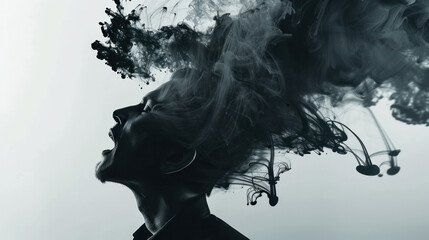 A man screams with black ink exploding from his head, creating a powerful and abstract image