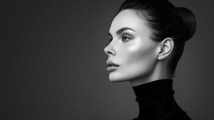 Black and white fashion art studio portrait of beautiful elegant woman in black turtleneck Hair high beam perfect profile face Elegant beauty style : Generative AI