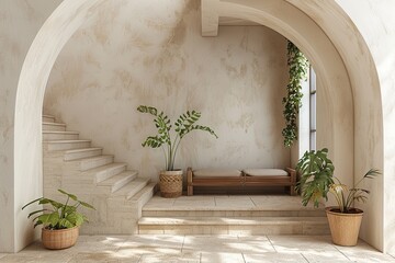 mediterranean interior design of modern home entryway, hall with arched walls