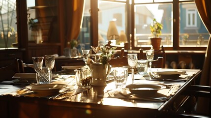 Fototapeta premium Shot of a nicely set diner table with different kinds of plates and glasses on it