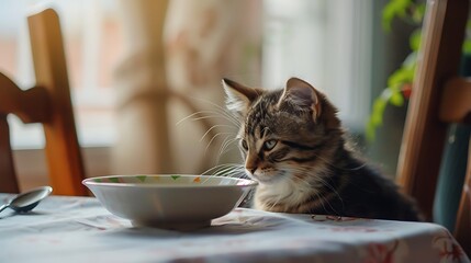sit at the table dinner lunch meal empty tableware empty waiting animal pets domestic cat cute table kitten domestic animals food feline indoors bowl whisker young animal
