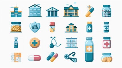 A set of 2D health and medical icons featuring hospital buildings, health examinations, and various medications. These icons are suitable for use in healthcare apps, websites, and educational