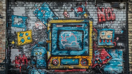 Naklejka premium a brick wall covered with graffiti in 90s aesthetics, bright colors, neon