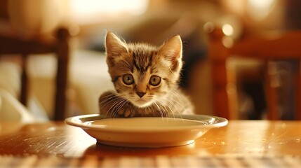 sit at the table dinner lunch meal empty tableware empty waiting animal pets domestic cat cute table kitten domestic animals food feline indoors bowl whisker young animal