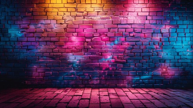 a brick wall covered with graffiti in 90s aesthetics, bright colors, neon