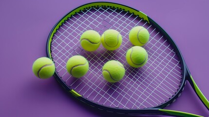 Sporty individuals are collecting tennis balls on the racket on a purple background