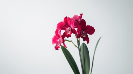 A single stem of vibrant red orchid flowers with green leaves, against a plain white background