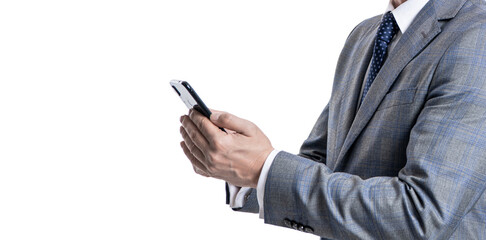 Texting businessman chatting in blog. Communication. Businessman texting on phone isolated on white. Business texting message. Online business. Business man in suit use phone. SMS conversation