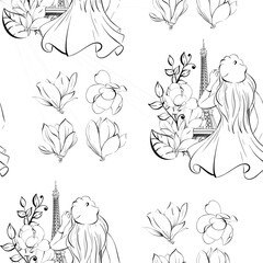 Vector seamless pattern Paris girl on the background of the Eiffel Tower with magnolias, spring clipart. French tourism, attractions. Black silhouette for circuit. Design of postcards, menus, packages