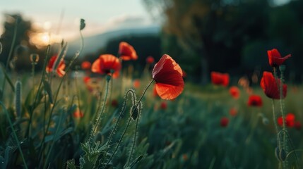 Red Poppies in a Field at Sunset