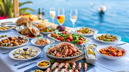 Table full of seafood and vegetable dishes with sea horizone in the background