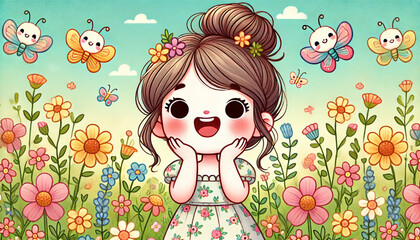  A cute and joyful cartoon girl standing in a field of colorful flowers with butterflies flying around. She has her hands on her cheeks and a big smile. Cover design.