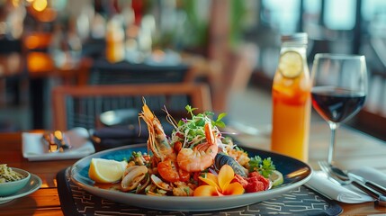 Tasty seafood meal and fresh juice bottle on dinning table at the restaurant