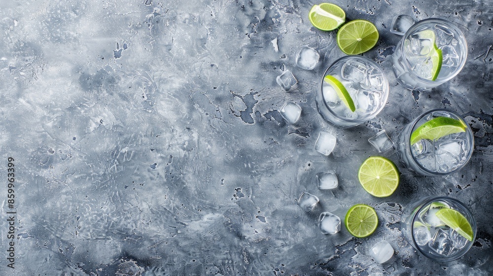 Sticker tasty drinks with lime and ice spheres on gray surface seen from above room for text