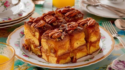 French toast casserole with pecans, beautifully sprinkled with brown sugar.