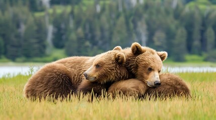 Obraz premium Two brown bear cubs are seen suckling from their mother in the mother is laying on a meadow near the beach and is looking towards the forest