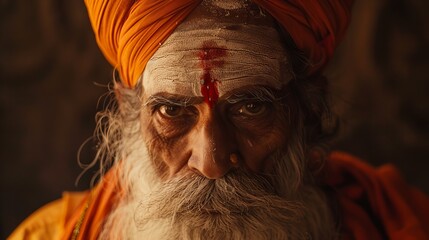 Obraz premium An old Hindu pandit sitting and giving a fearful look while doing Pooja , he is a sadhu in traditional dressing